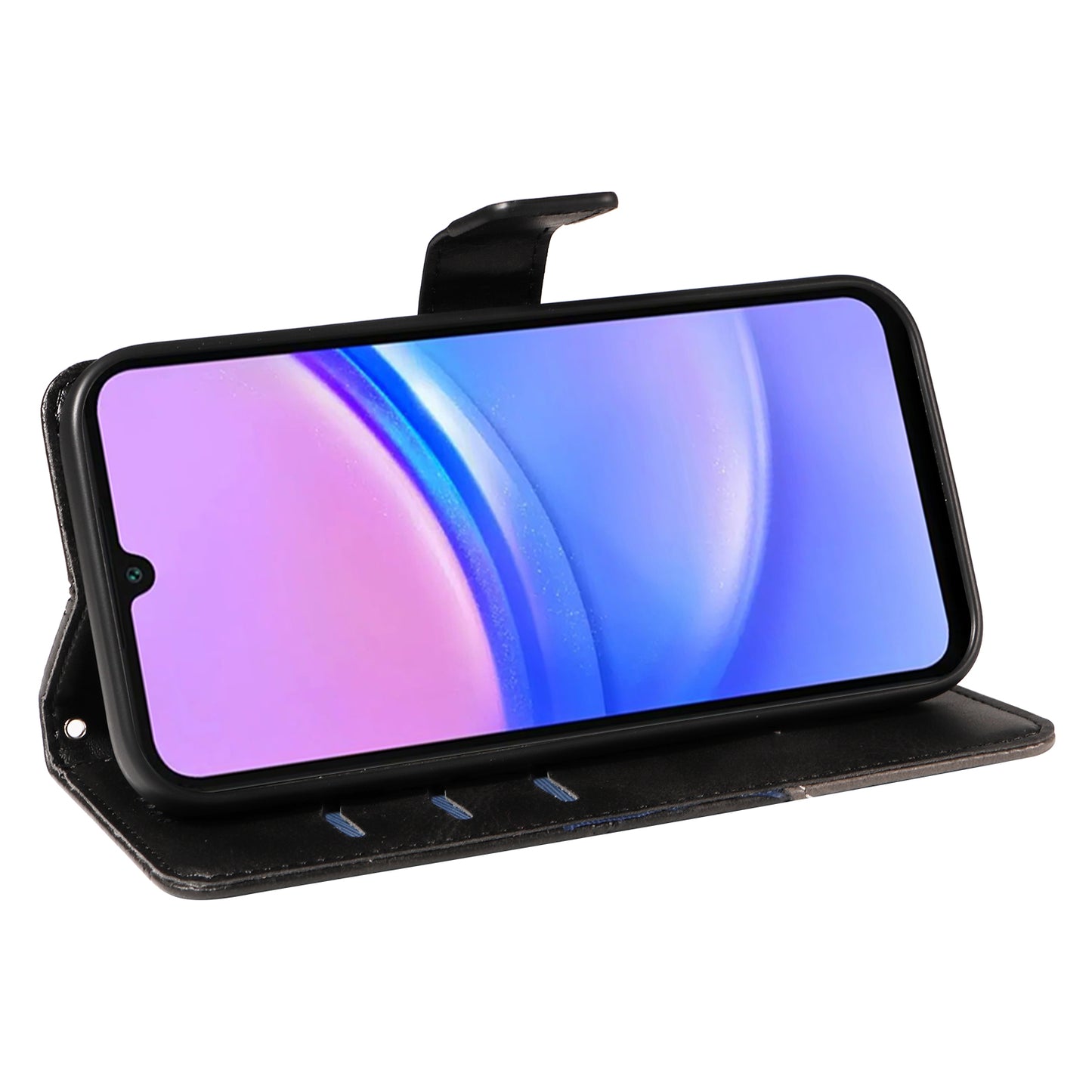 For Samsung Galaxy A16 5G / A16 4G Case Leather Geometric Line Wallet Phone Cover with Wrist Strap - Black