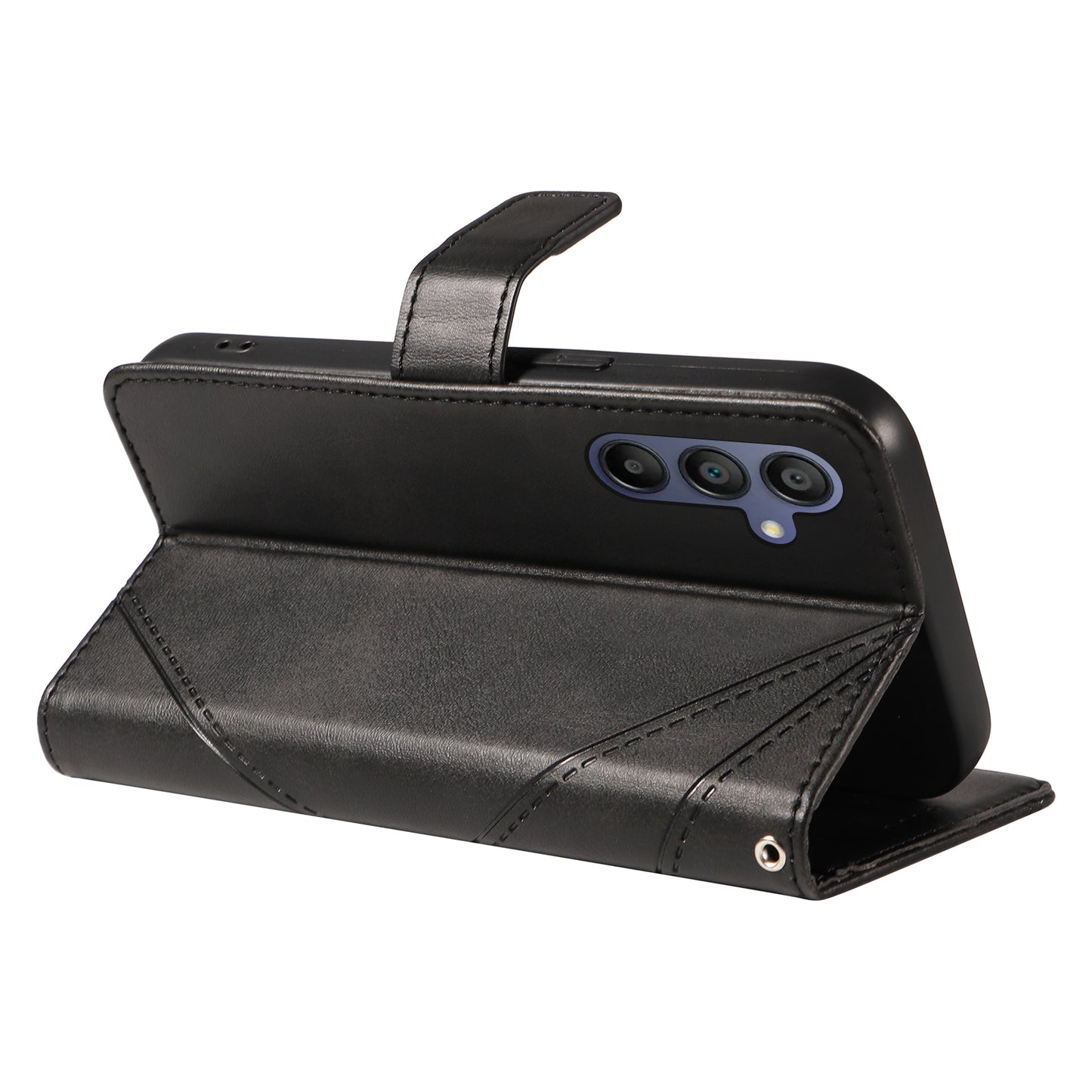 For Samsung Galaxy A16 5G / A16 4G Case Leather Geometric Line Wallet Phone Cover with Wrist Strap - Black