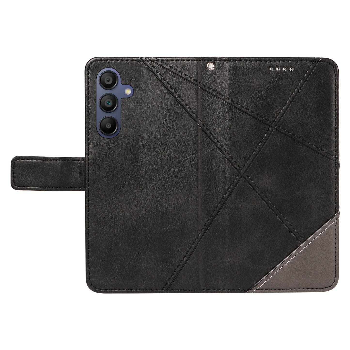 For Samsung Galaxy A16 5G / A16 4G Case Leather Geometric Line Wallet Phone Cover with Wrist Strap - Black