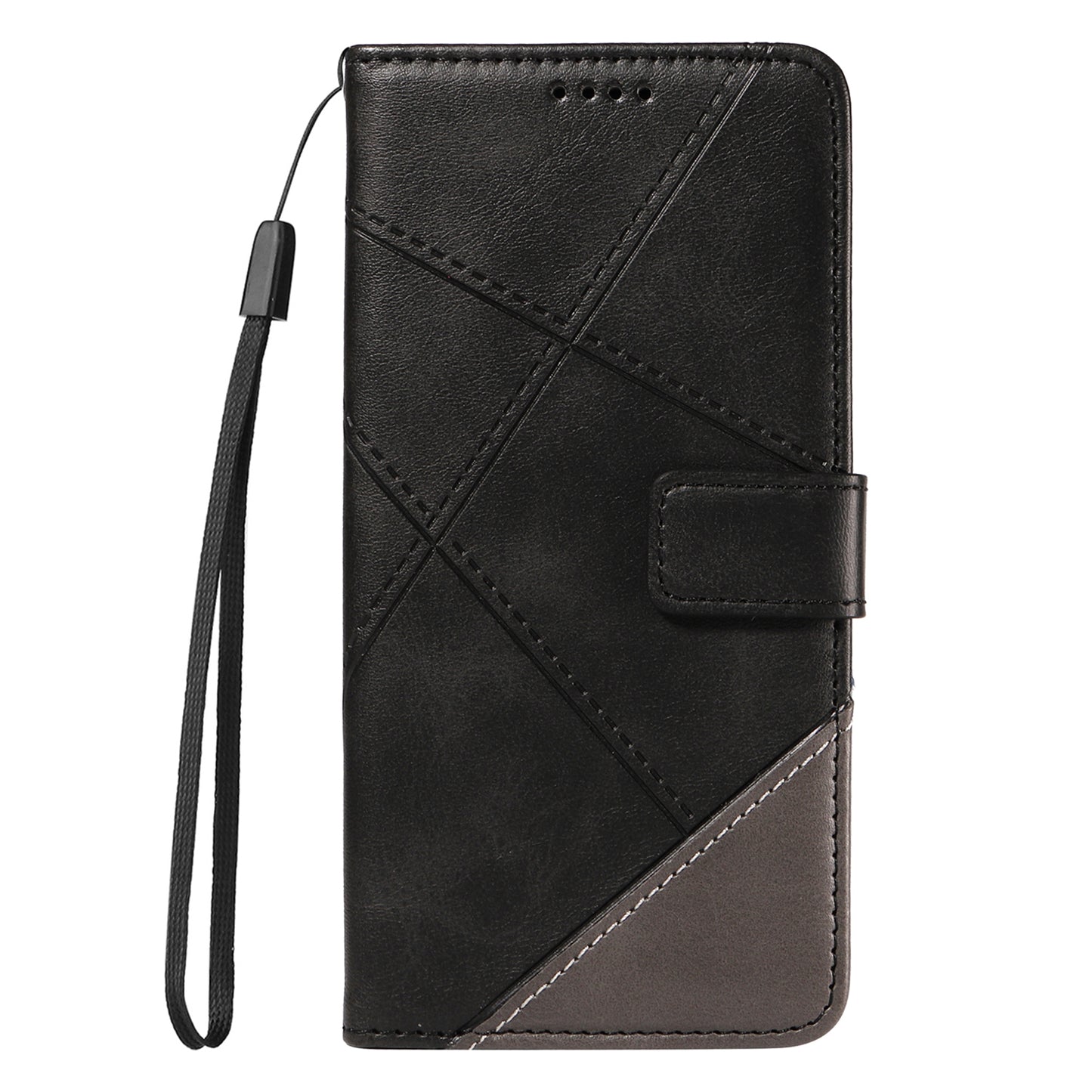 For Samsung Galaxy A16 5G / A16 4G Case Leather Geometric Line Wallet Phone Cover with Wrist Strap - Black