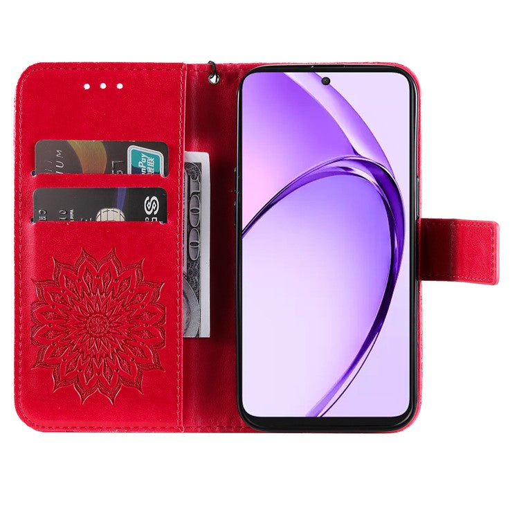 KT Imprinting Flower Series-1 For Oppo A3 Pro (Global) 5G  /  A3 Pro (India) 5G Case Sunflower Leather Wallet Folio Phone Cover - Red