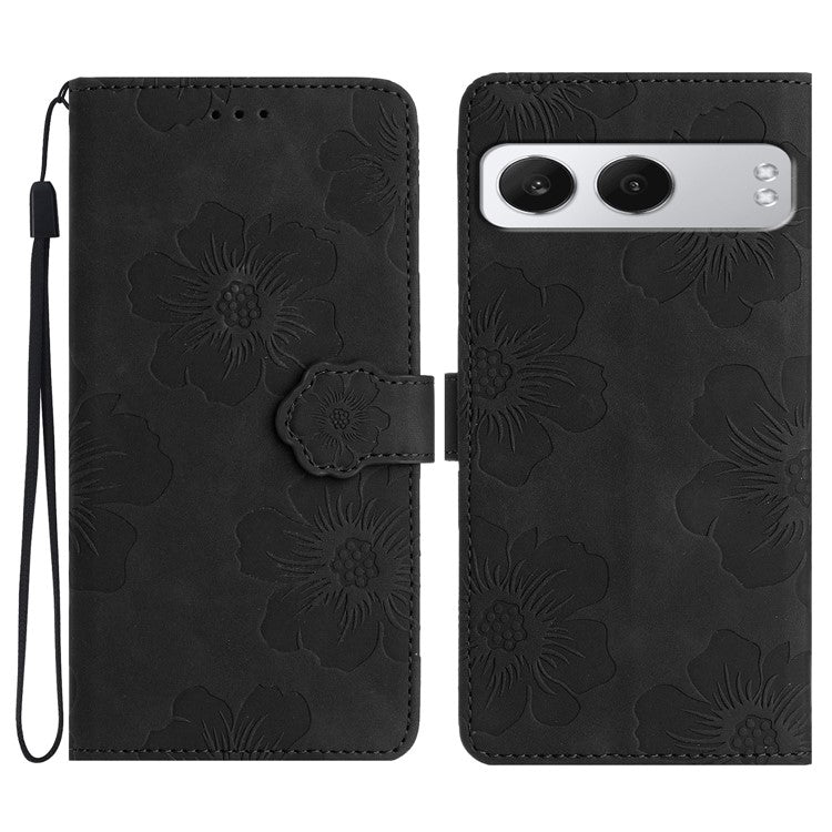 For OnePlus Nord 4 Case Flower Design Leather Wallet Phone Cover with Wrist Strap - Black