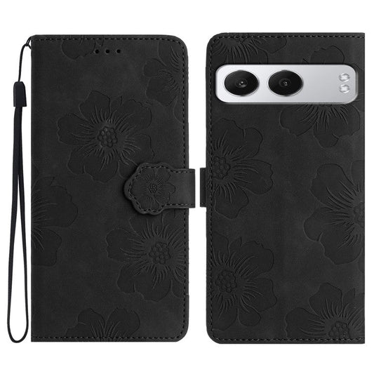 For OnePlus Nord 4 Case Flower Design Leather Wallet Phone Cover with Wrist Strap - Black