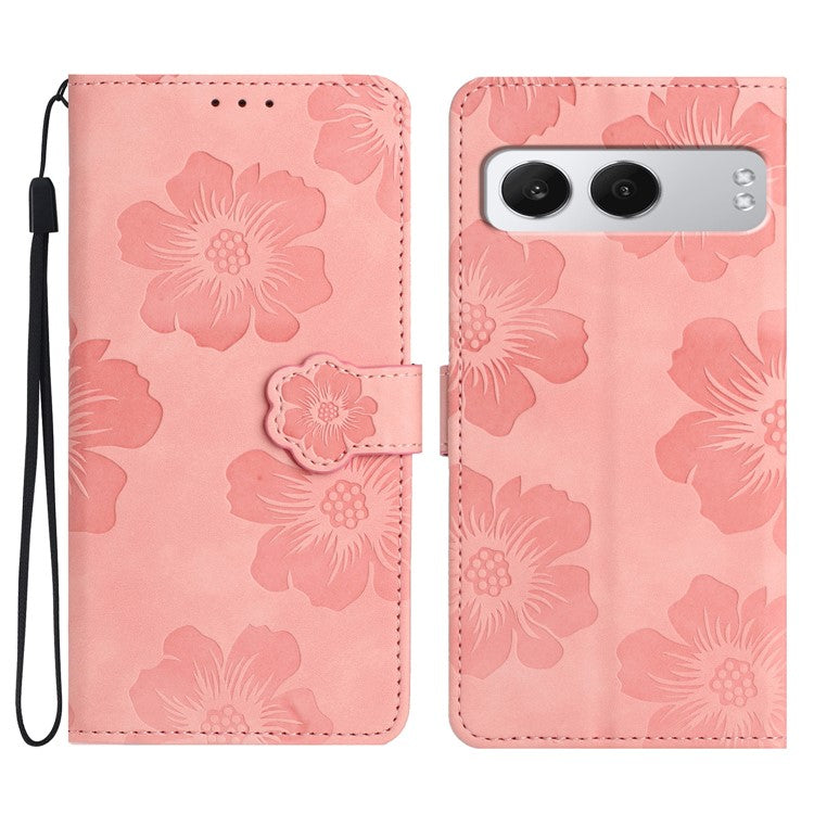 For OnePlus Nord 4 Case Flower Design Leather Wallet Phone Cover with Wrist Strap - Pink