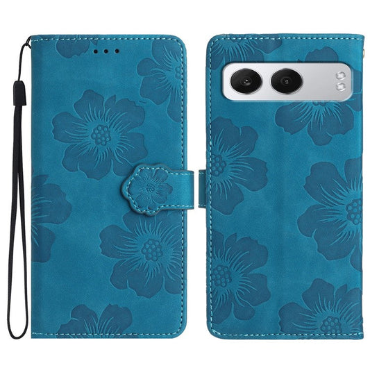 For OnePlus Nord 4 Case Flower Design Leather Wallet Phone Cover with Wrist Strap - Blue