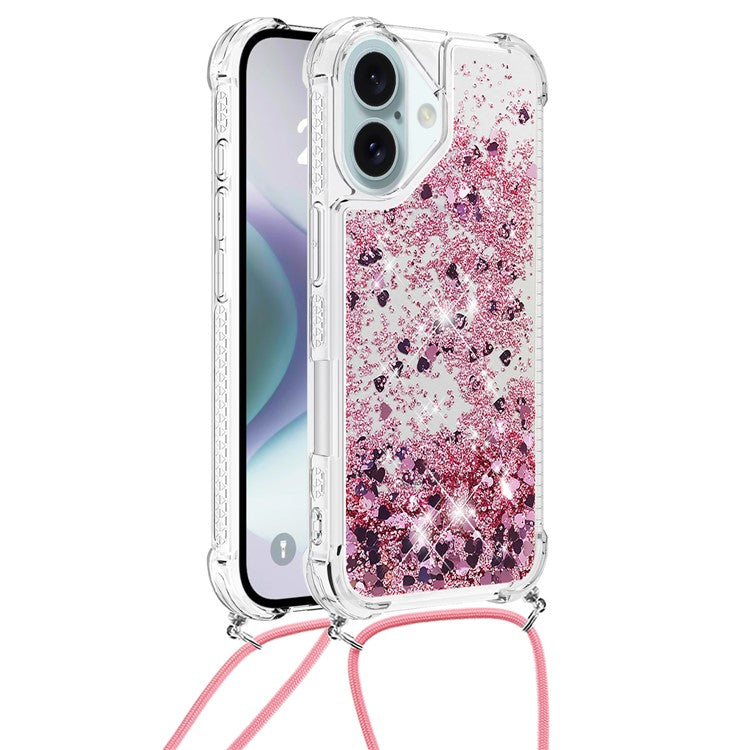 YB Quicksand Series-4 For iPhone 16 Case Floating Sequins Liquid TPU Phone Cover - Rose Gold / Hearts