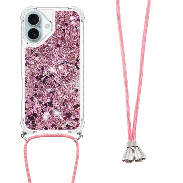 YB Quicksand Series-4 For iPhone 16 Case Floating Sequins Liquid TPU Phone Cover - Rose Gold / Hearts