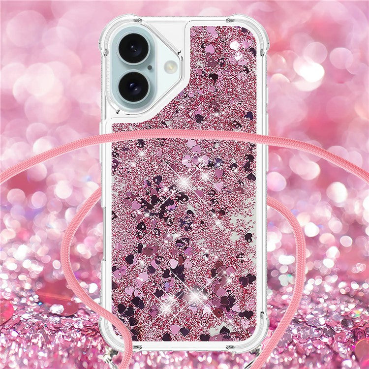 YB Quicksand Series-4 For iPhone 16 Case Floating Sequins Liquid TPU Phone Cover - Rose Gold / Hearts