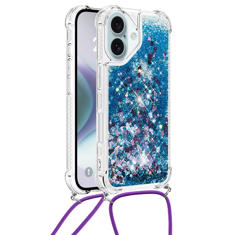 YB Quicksand Series-4 For iPhone 16 Case Floating Sequins Liquid TPU Phone Cover - Blue / Hearts