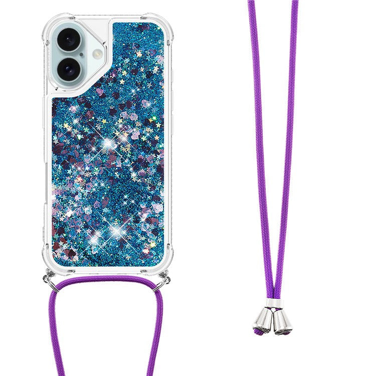 YB Quicksand Series-4 For iPhone 16 Case Floating Sequins Liquid TPU Phone Cover - Blue / Hearts