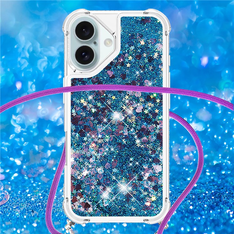 YB Quicksand Series-4 For iPhone 16 Case Floating Sequins Liquid TPU Phone Cover - Blue / Hearts