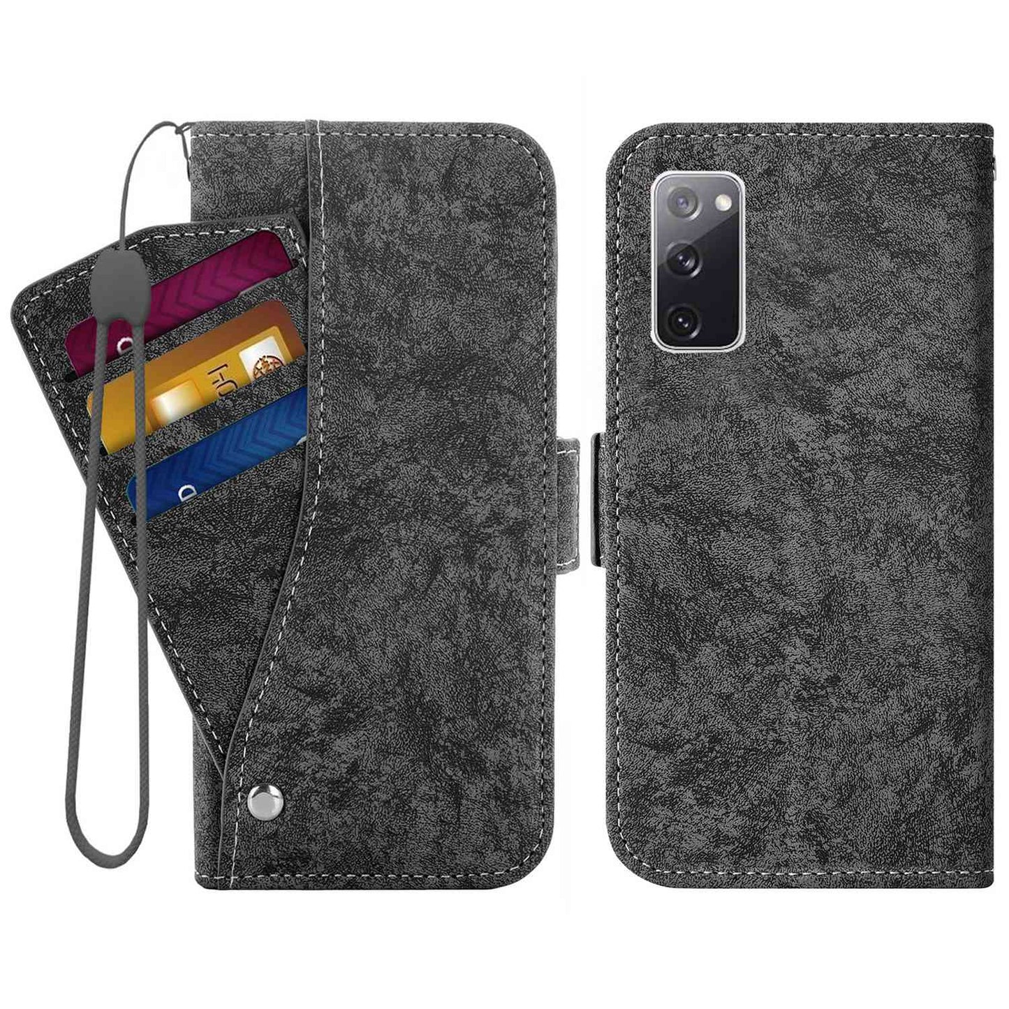 For Samsung Galaxy S20 FE 4G/FE 5G/S20 Lite/S20 FE 2022 PU Leather Rotating Card Slots Flip Cover Water-ink Painting Texture Stand Dual Magnetic Clasp Wallet Case - Black