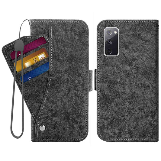 For Samsung Galaxy S20 FE 4G/FE 5G/S20 Lite/S20 FE 2022 PU Leather Rotating Card Slots Flip Cover Water-ink Painting Texture Stand Dual Magnetic Clasp Wallet Case - Black