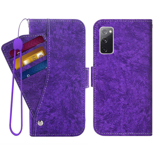For Samsung Galaxy S20 FE 4G/FE 5G/S20 Lite/S20 FE 2022 PU Leather Rotating Card Slots Flip Cover Water-ink Painting Texture Stand Dual Magnetic Clasp Wallet Case - Purple