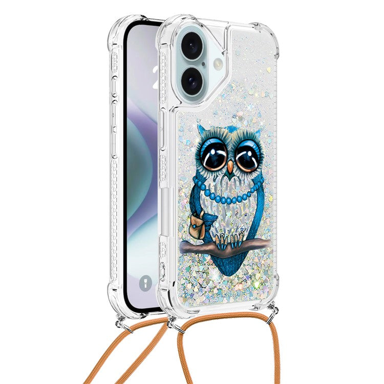 YB Quicksand Series-5 for iPhone 16 TPU Case with Lanyard Pattern Print Phone Cover - Owl