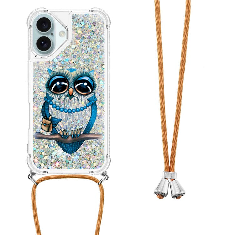 YB Quicksand Series-5 for iPhone 16 TPU Case with Lanyard Pattern Print Phone Cover - Owl