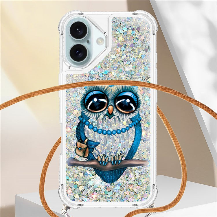 YB Quicksand Series-5 for iPhone 16 TPU Case with Lanyard Pattern Print Phone Cover - Owl