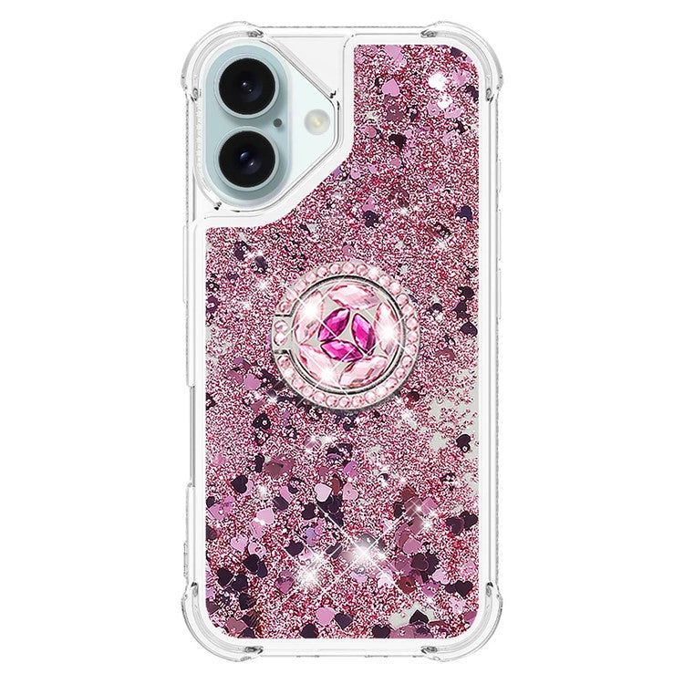 YB Quicksand Series-7 For iPhone 16 Kickstand Case Shiny Sequins TPU Cover - Rose Gold / Hearts