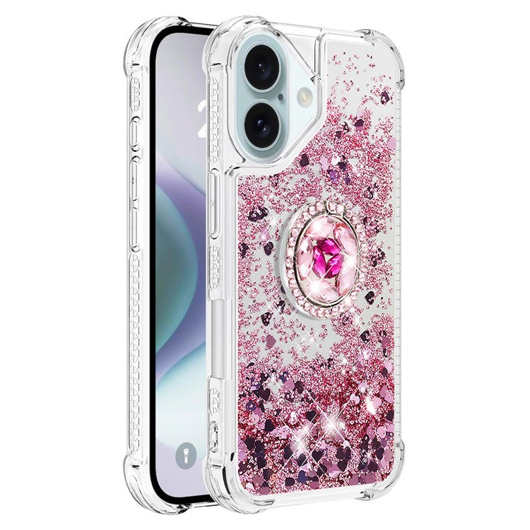 YB Quicksand Series-7 For iPhone 16 Kickstand Case Shiny Sequins TPU Cover - Rose Gold / Hearts