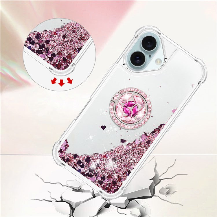 YB Quicksand Series-7 For iPhone 16 Kickstand Case Shiny Sequins TPU Cover - Rose Gold / Hearts
