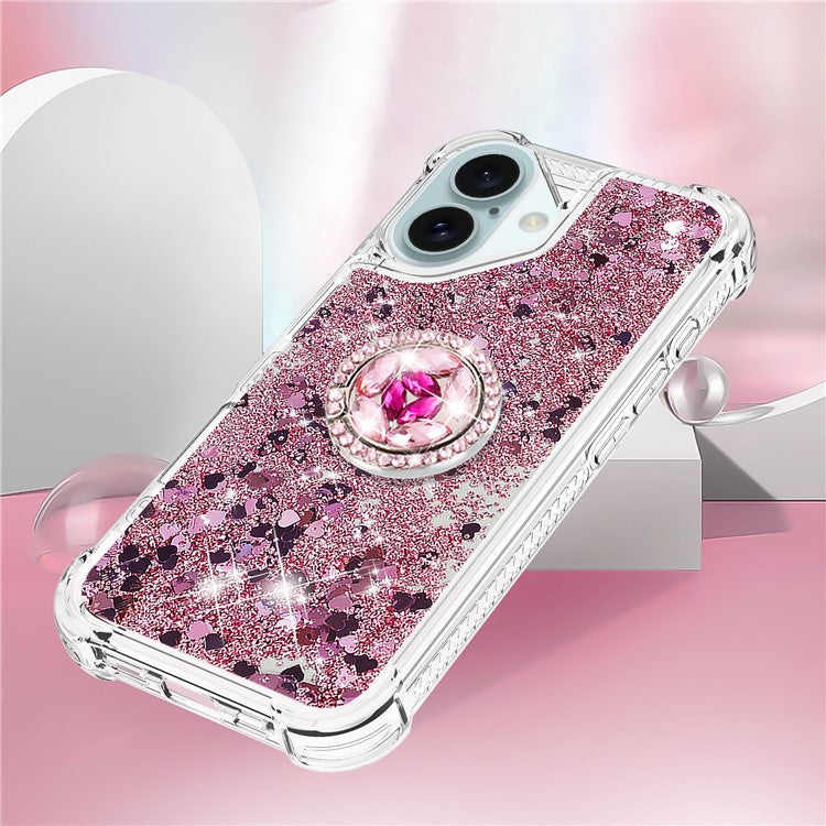 YB Quicksand Series-7 For iPhone 16 Kickstand Case Shiny Sequins TPU Cover - Rose Gold / Hearts