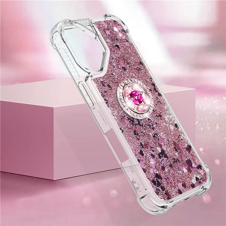 YB Quicksand Series-7 For iPhone 16 Kickstand Case Shiny Sequins TPU Cover - Rose Gold / Hearts