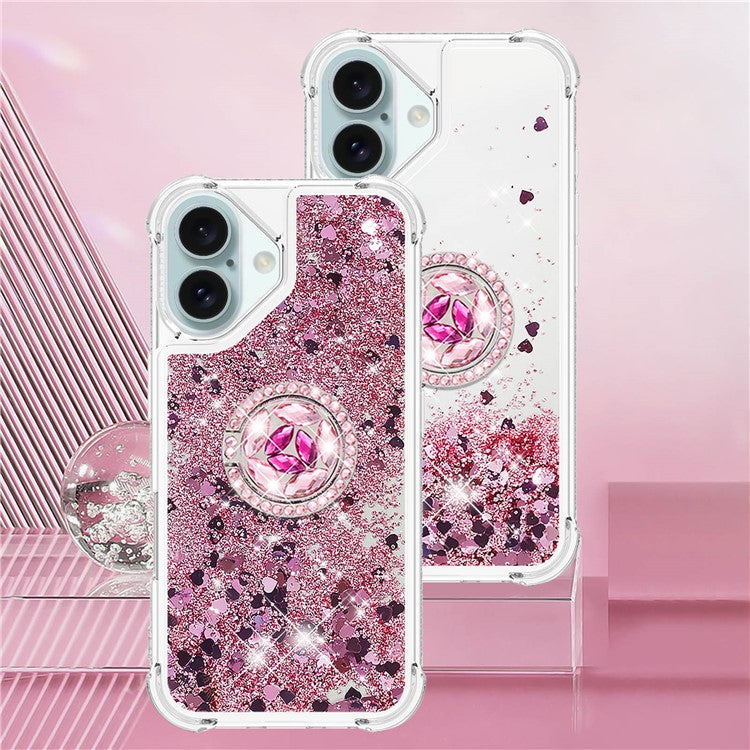 YB Quicksand Series-7 For iPhone 16 Kickstand Case Shiny Sequins TPU Cover - Rose Gold / Hearts
