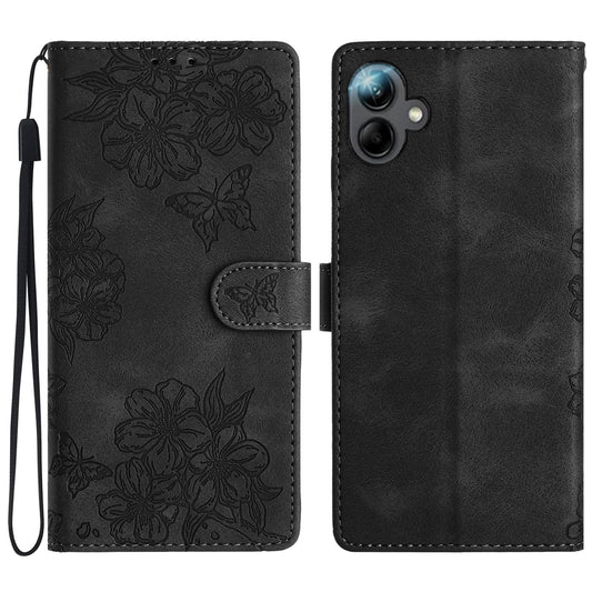 For Samsung Galaxy A06 Case Butterfly Flower Pattern Skin-Touch Leather Phone Cover - Black