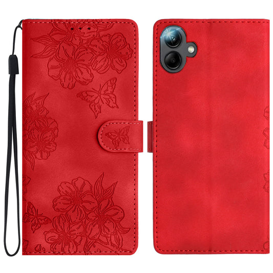 For Samsung Galaxy A06 Case Butterfly Flower Pattern Skin-Touch Leather Phone Cover - Red