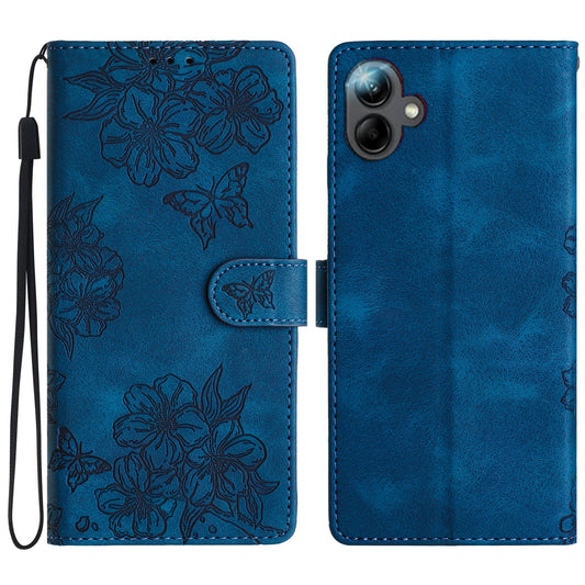 For Samsung Galaxy A06 Case Butterfly Flower Pattern Skin-Touch Leather Phone Cover - Blue