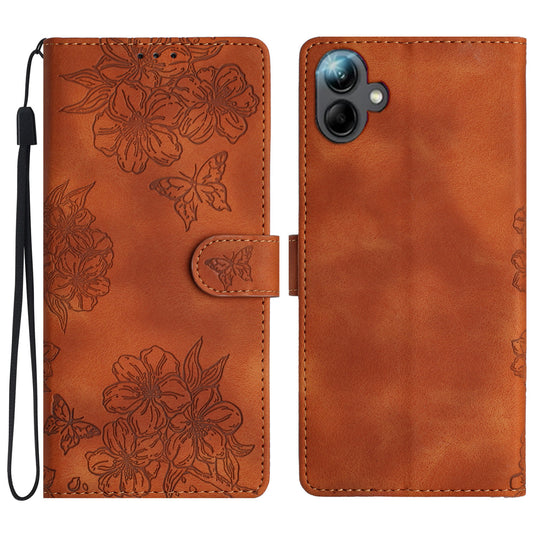 For Samsung Galaxy A06 Case Butterfly Flower Pattern Skin-Touch Leather Phone Cover - Brown