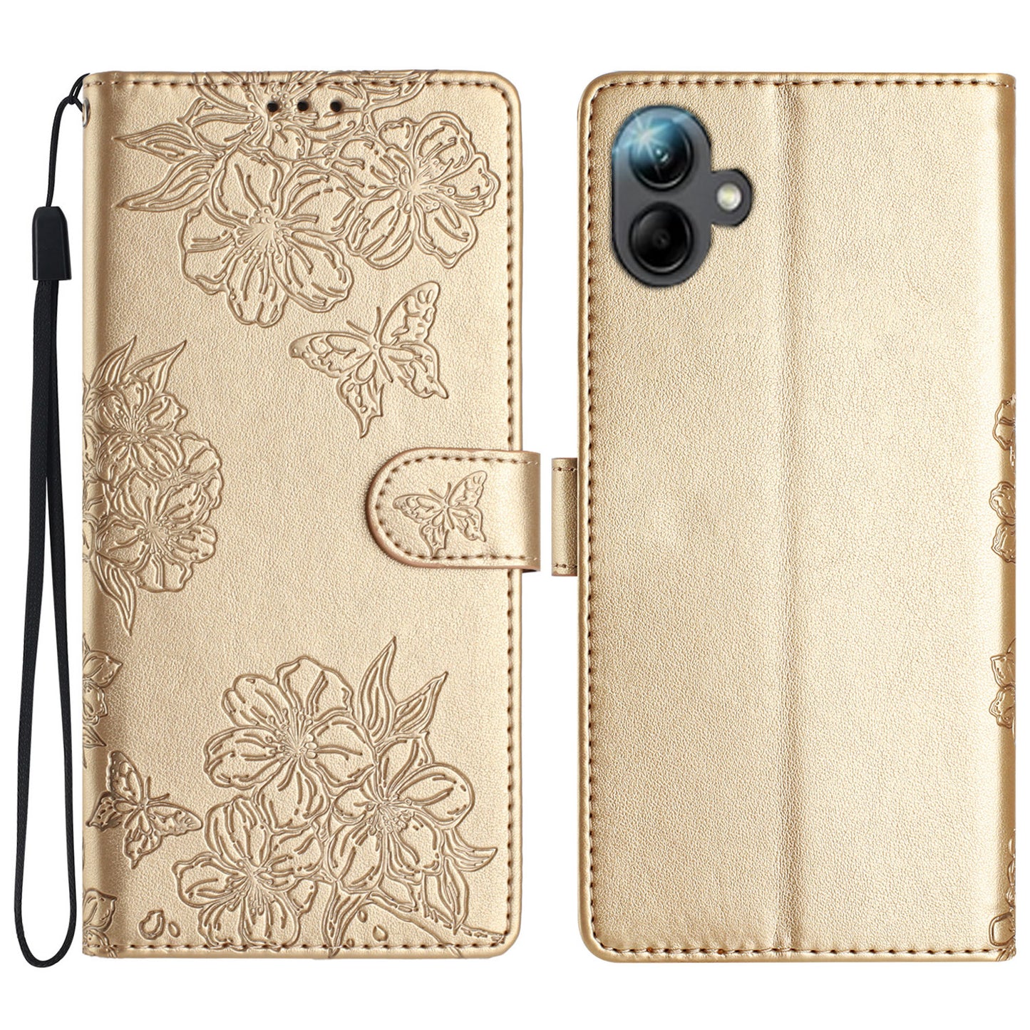For Samsung Galaxy A06 Case Butterfly Flower Drop-Proof PU Leather Wallet Phone Cover - Gold