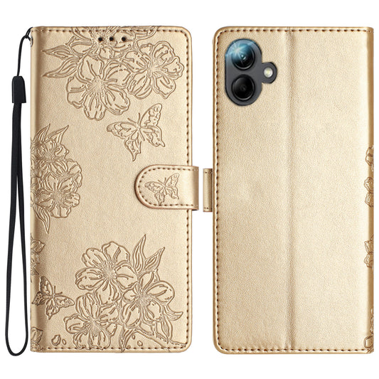 For Samsung Galaxy A06 Case Butterfly Flower Drop-Proof PU Leather Wallet Phone Cover - Gold