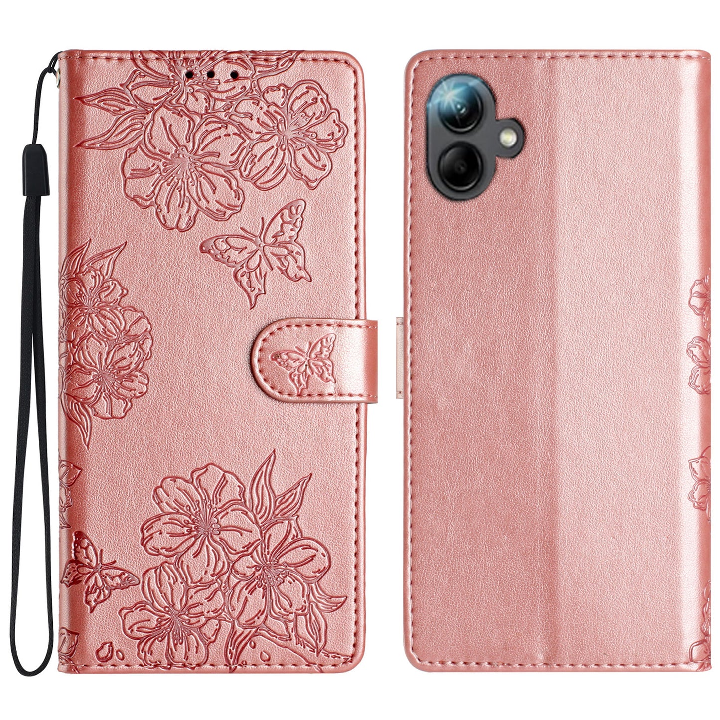 For Samsung Galaxy A06 Case Butterfly Flower Drop-Proof PU Leather Wallet Phone Cover - Rose Gold