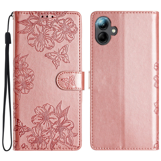 For Samsung Galaxy A06 Case Butterfly Flower Drop-Proof PU Leather Wallet Phone Cover - Rose Gold
