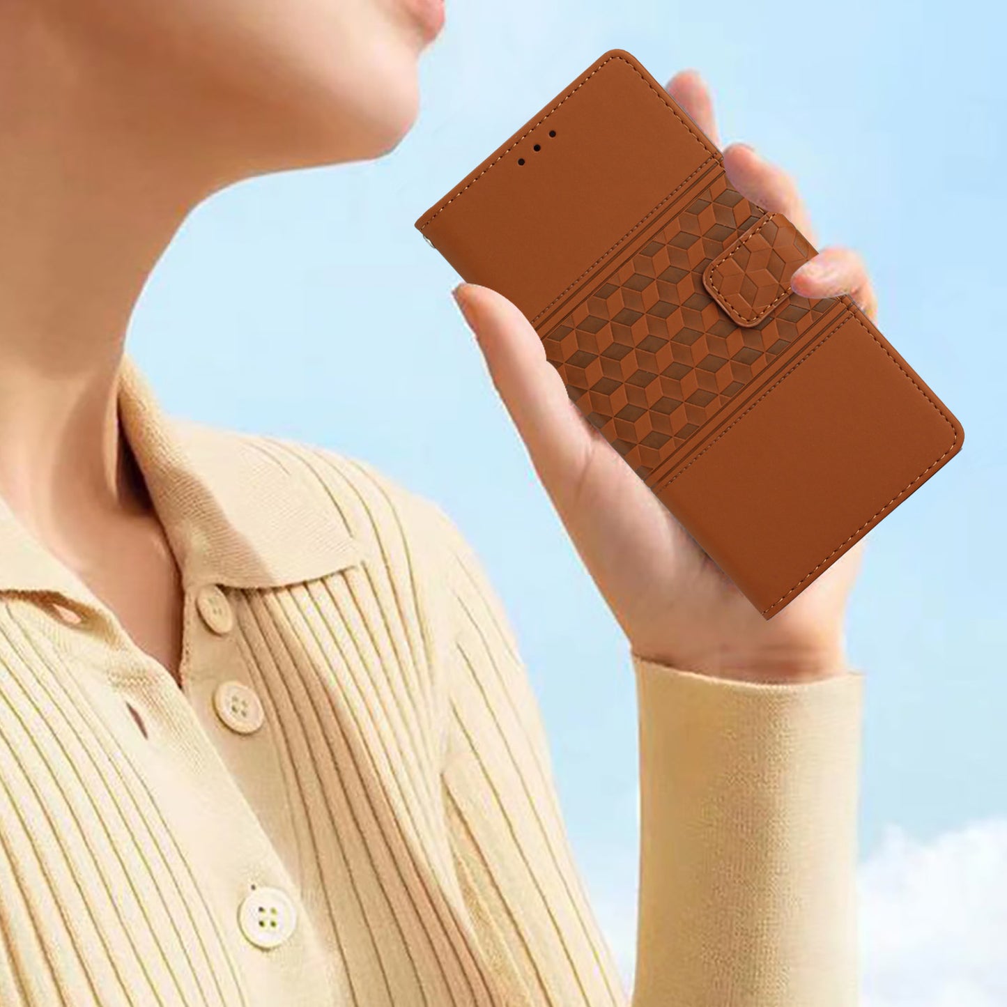 For Samsung Galaxy A06 Case Rhombus Leather Horizontal Flip Phone Cover - Brown