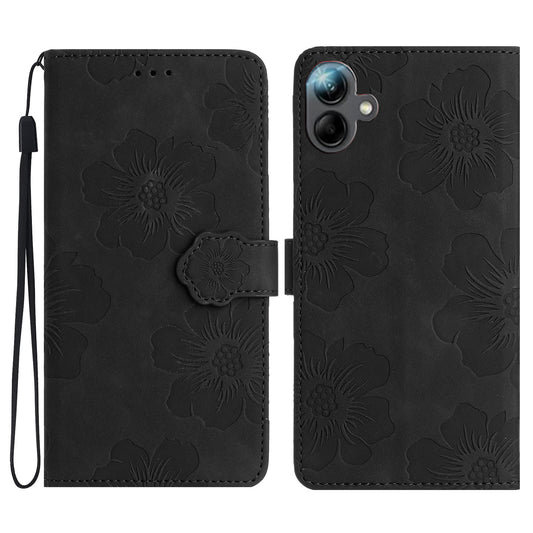 For Samsung Galaxy A06 Case Flower Design Leather Wallet Phone Cover with Wrist Strap - Black