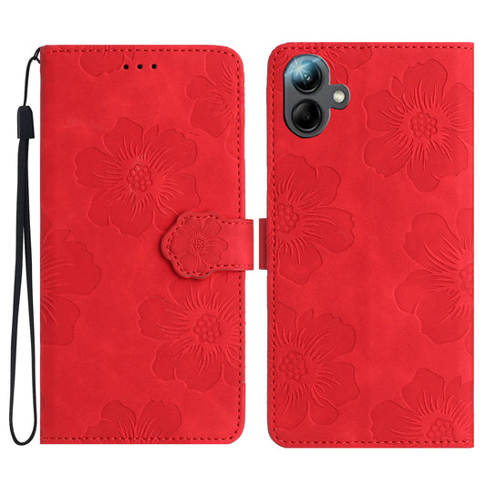 For Samsung Galaxy A06 Case Flower Design Leather Wallet Phone Cover with Wrist Strap - Red