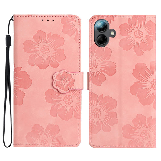 For Samsung Galaxy A06 Case Flower Design Leather Wallet Phone Cover with Wrist Strap - Pink