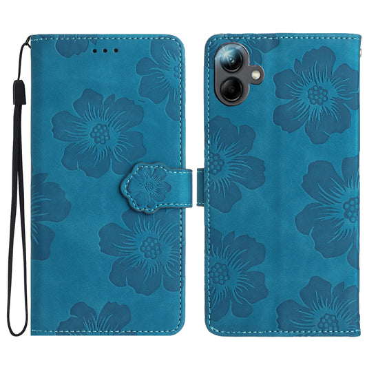 For Samsung Galaxy A06 Case Flower Design Leather Wallet Phone Cover with Wrist Strap - Blue