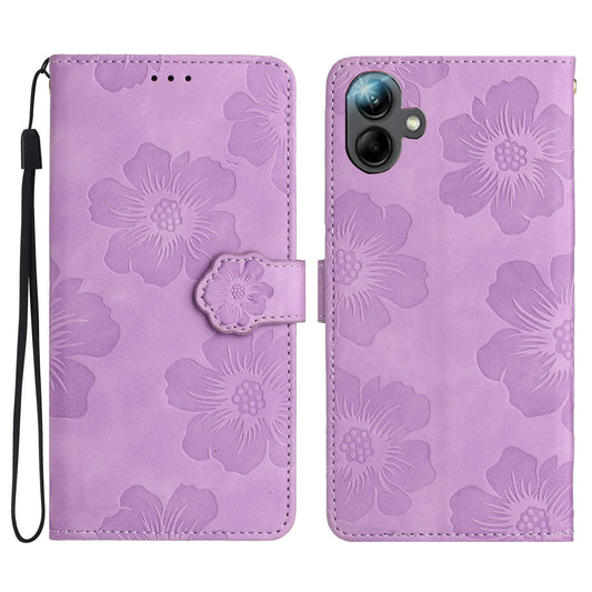 For Samsung Galaxy A06 Case Flower Design Leather Wallet Phone Cover with Wrist Strap - Purple