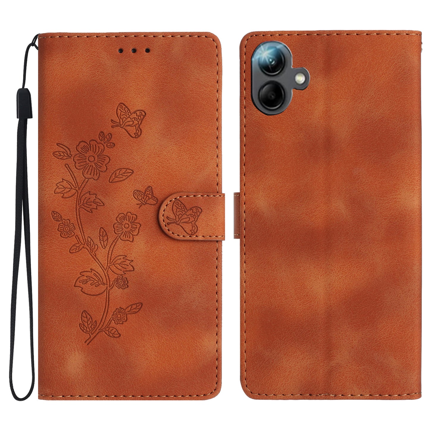 For Samsung Galaxy A06 Case Leather Imprinted Flower Phone Cover Wallet with Wrist Strap - Brown