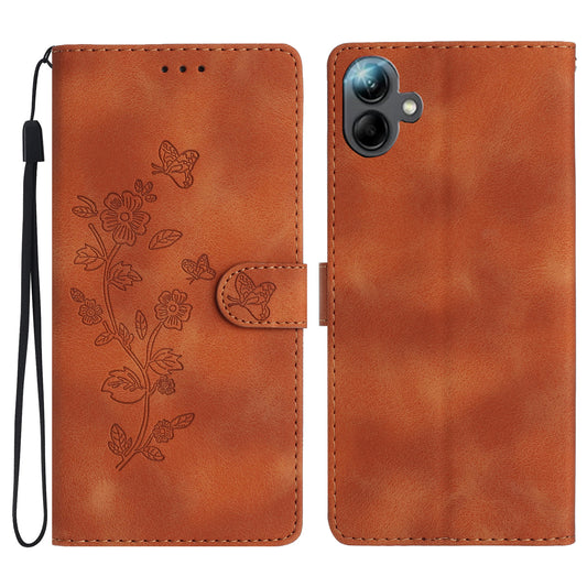For Samsung Galaxy A06 Case Leather Imprinted Flower Phone Cover Wallet with Wrist Strap - Brown