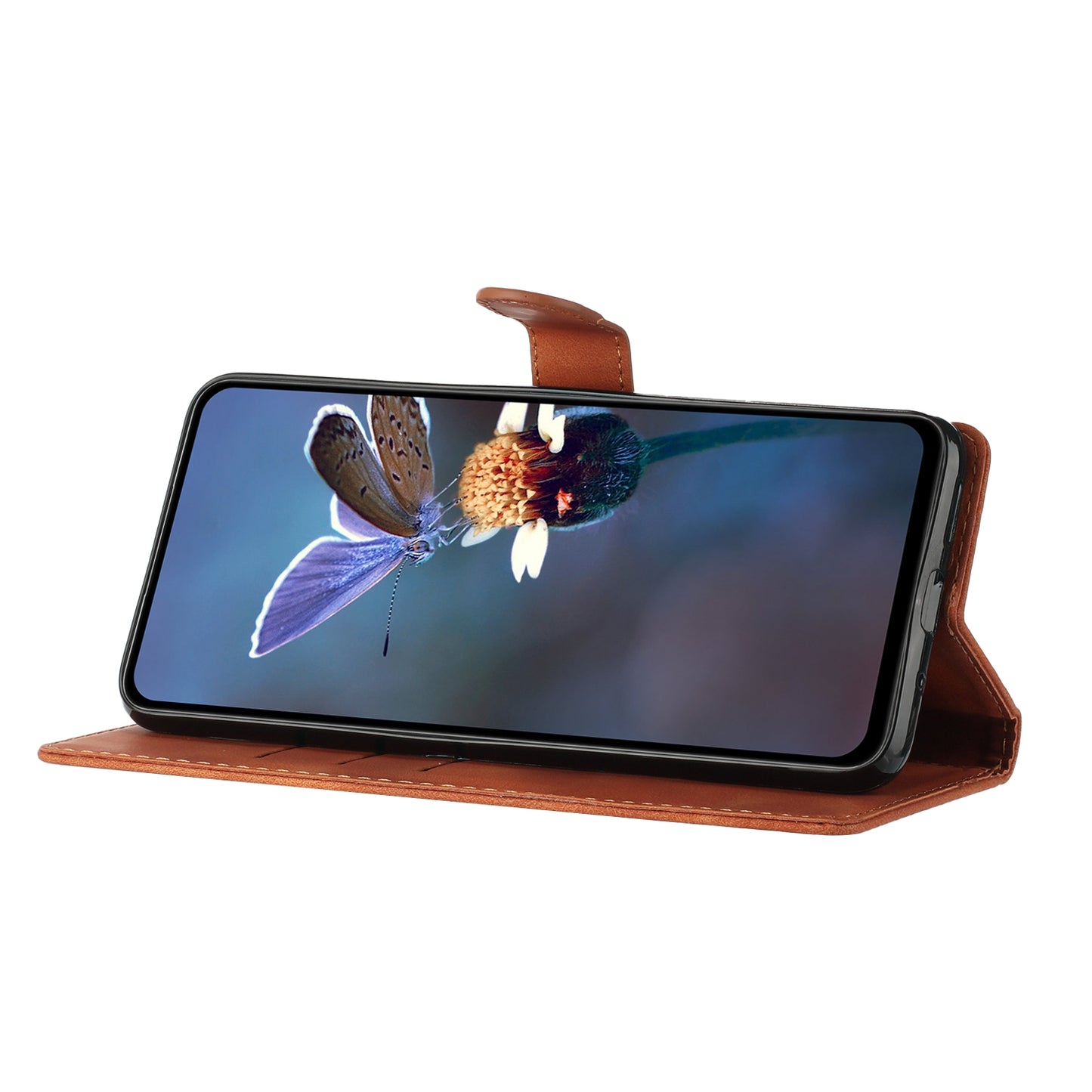 For Samsung Galaxy A06 Case Leather Imprinted Flower Phone Cover Wallet with Wrist Strap - Brown