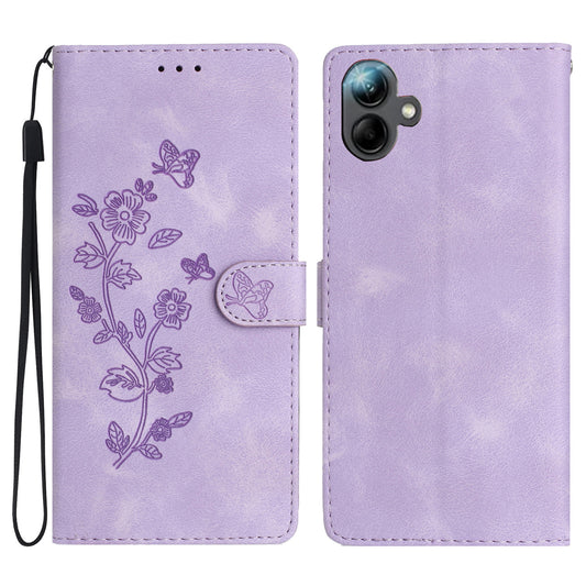 For Samsung Galaxy A06 Case Leather Imprinted Flower Phone Cover Wallet with Wrist Strap - Purple