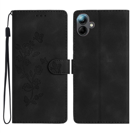 For Samsung Galaxy A06 Case Leather Imprinted Flower Phone Cover Wallet with Wrist Strap - Black
