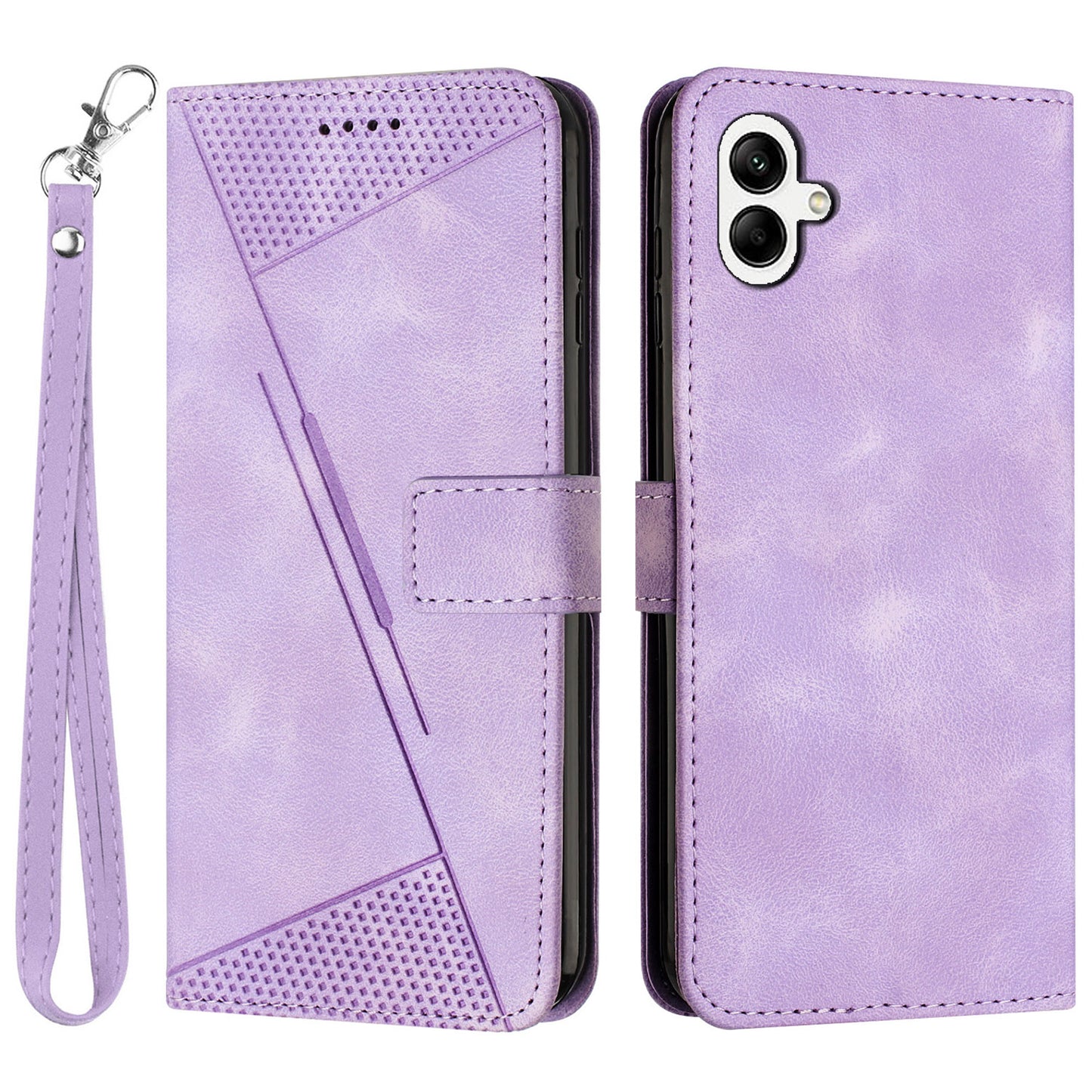 For Samsung Galaxy A06 Case Triangle Pattern Leather Phone Cover Wallet with Hand Strap - Purple