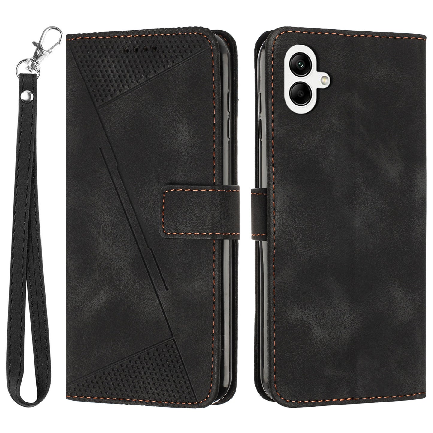 For Samsung Galaxy A06 Case Triangle Pattern Leather Phone Cover Wallet with Hand Strap - Black