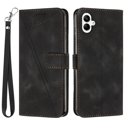 For Samsung Galaxy A06 Case Triangle Pattern Leather Phone Cover Wallet with Hand Strap - Black