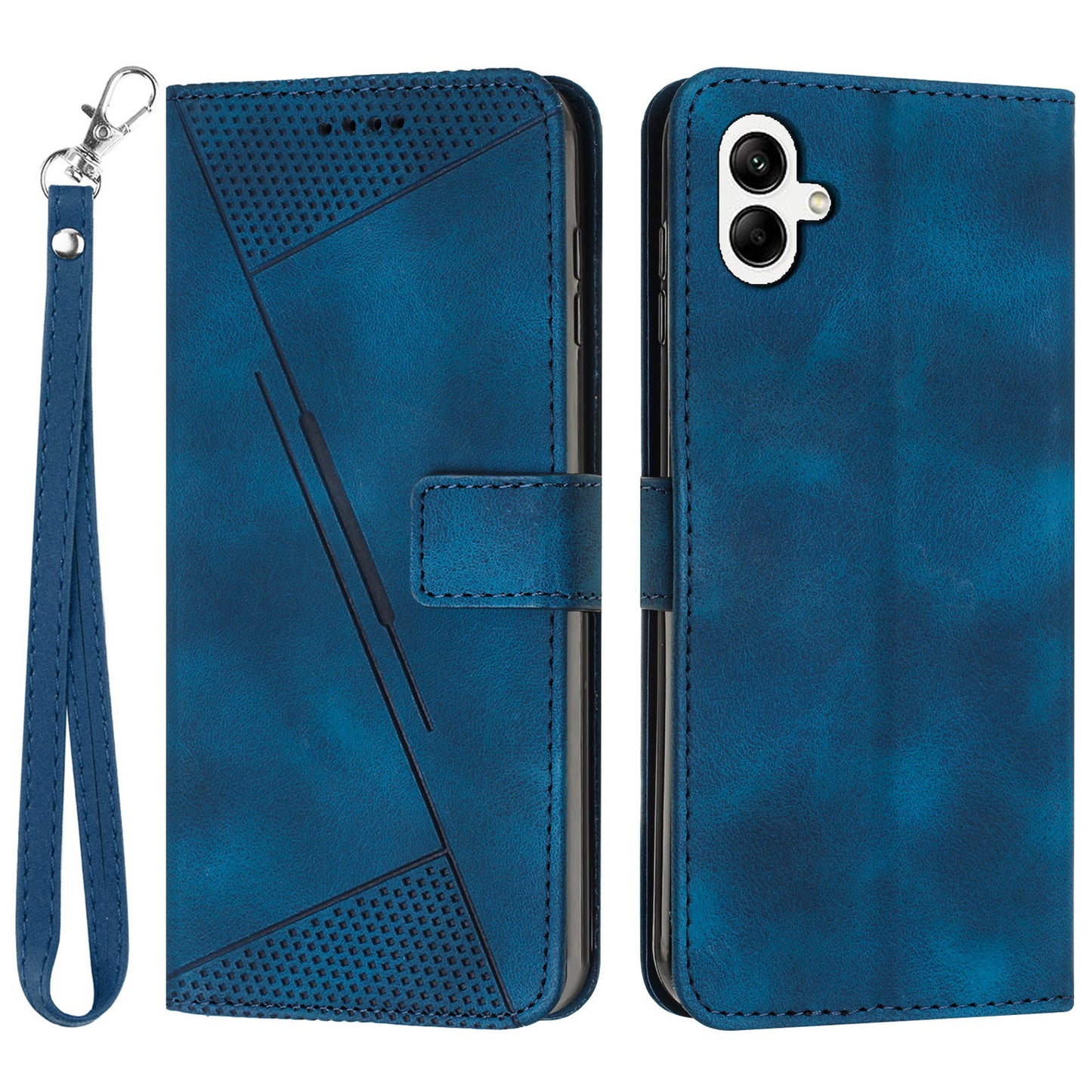 For Samsung Galaxy A06 Case Triangle Pattern Leather Phone Cover Wallet with Hand Strap - Blue